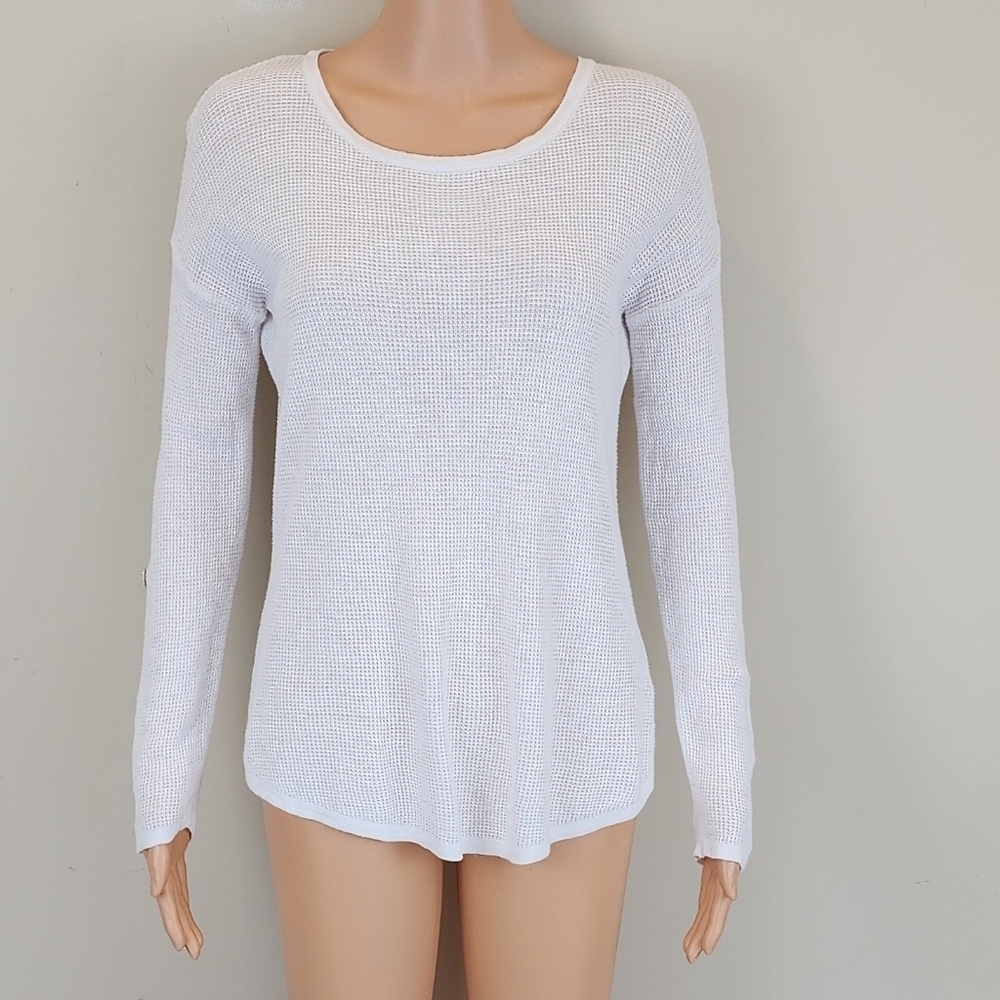 Max Studio White Knit Long Convertible Sleeve Sweater